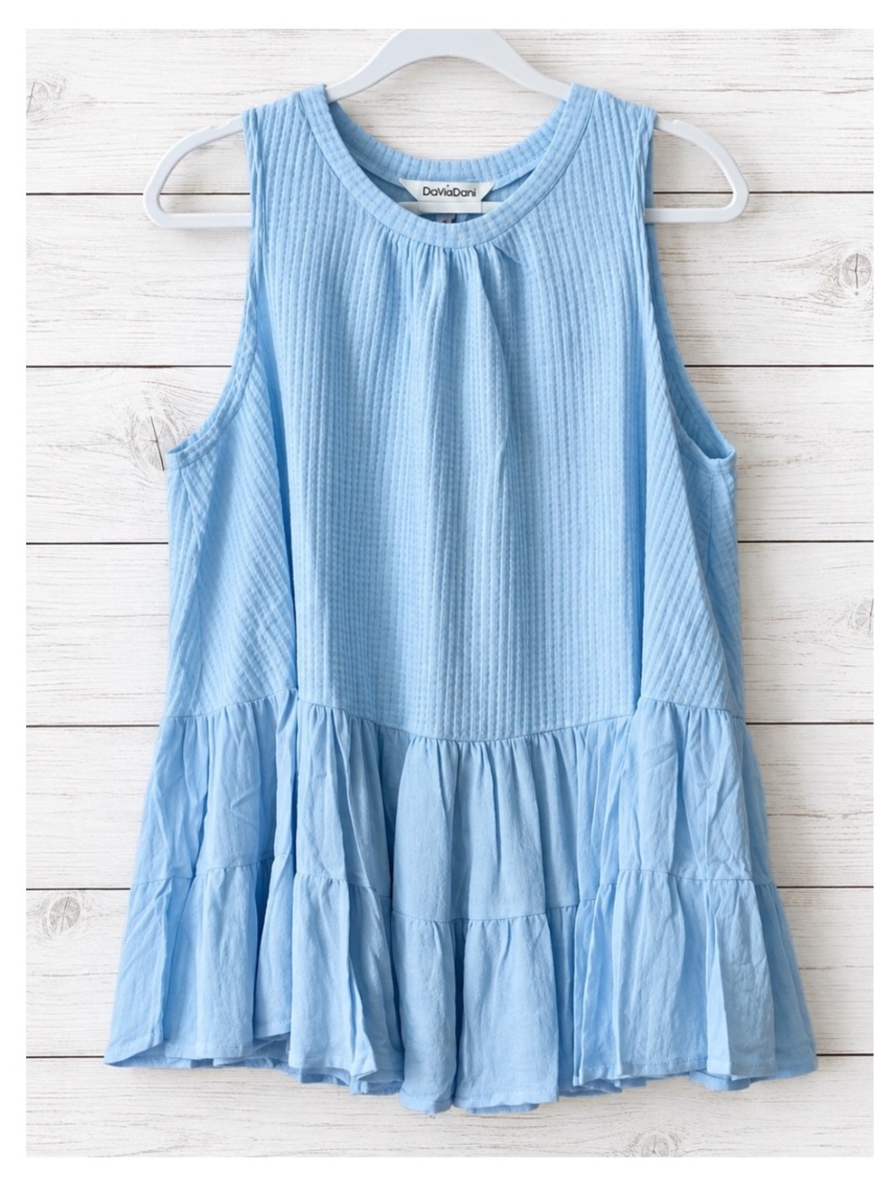 NWT DAVI & DANI Sleeveless Waffle Knit Tiered Top w/Tie Open Back Light Blue MED